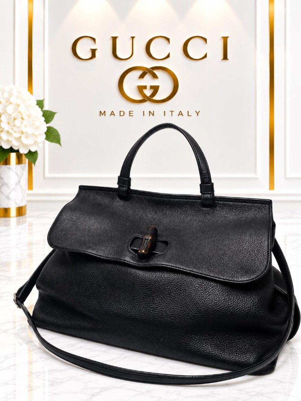 Authentic Gucci Bamboo Daily Black Pebbled Leather Top Handle Shoulder Bag